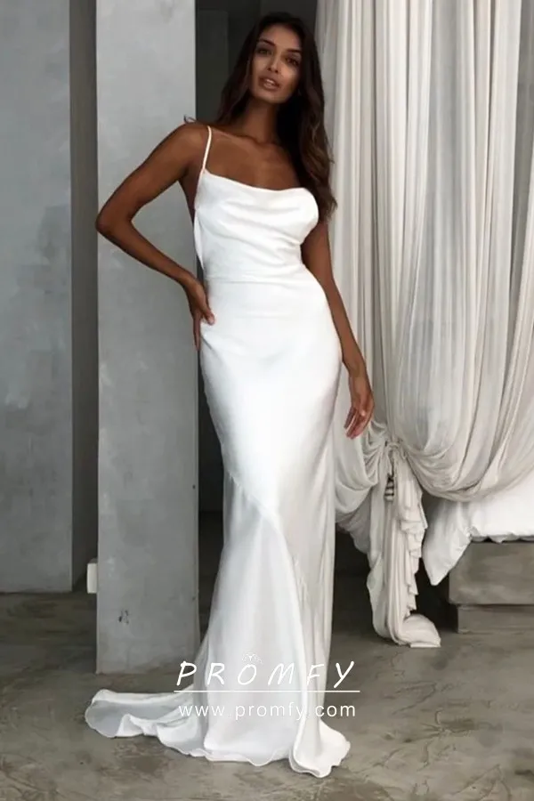 A-Line Floor Length Cowl Neck Classic Satin Dress Ivory