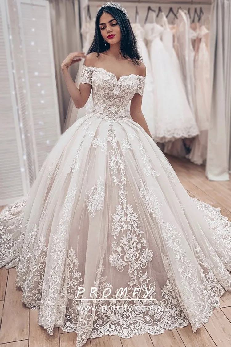 Ivory Lace with Nude Lining Romantic Wedding Gown - Promfy