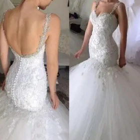 lace shoulder straps fit and flare tulle wedding gown