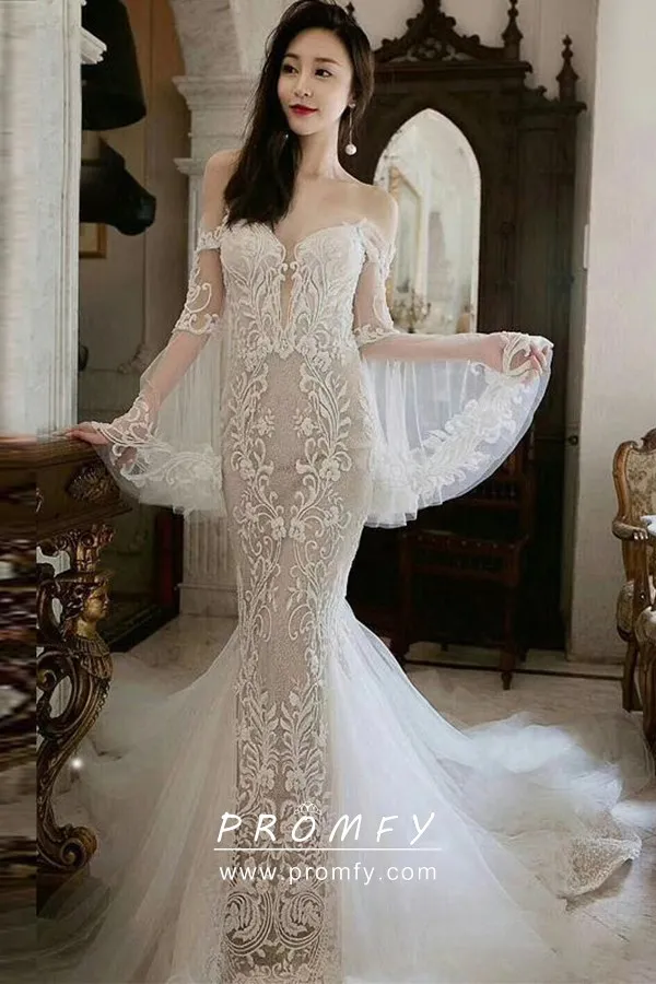 lace wedding dress with bell sleeves