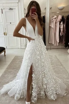 Sexy plunging neck slit floral wedding dress