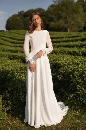 Boho Illusion Long Sleeve Chiffon Rustic Wedding Dress