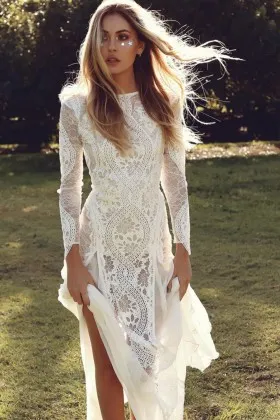nature bateau neck sleeved sheath flowy boho lace dress