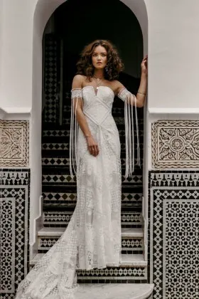 grecian style flowy tassel sleeve long column lace dress