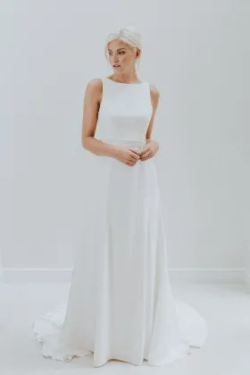 simple bateau neck a line crepe satin wedding dress
