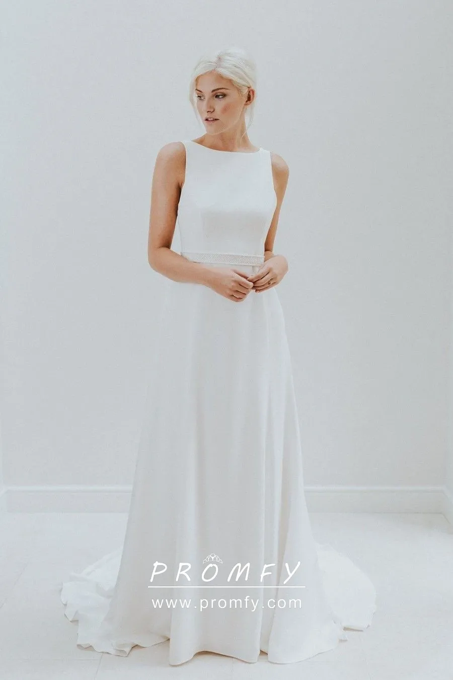 Simple Bateau Neck Aline Crepe Satin Wedding Dress Promfy — free download