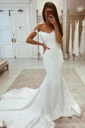 ivory off shoulder 3d floral satin mermaid wedding dress