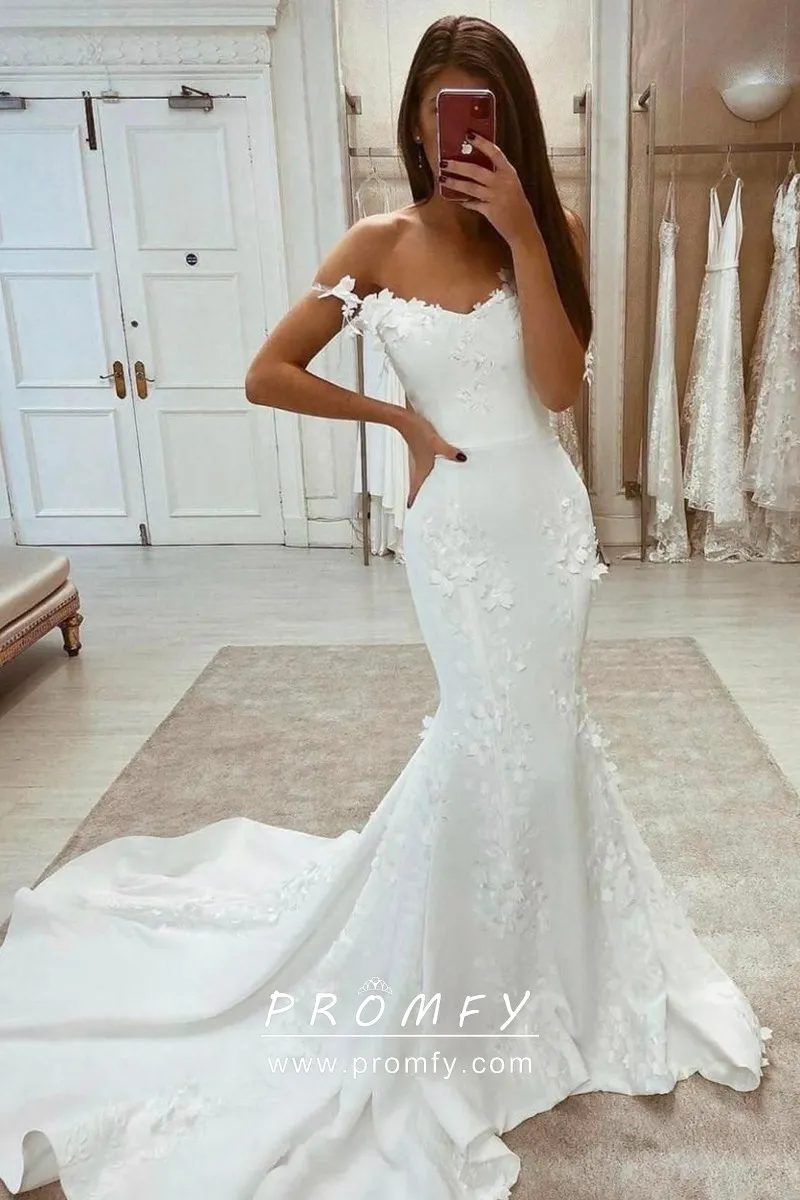 Ivory Off Shoulder 3D Floral Satin Mermaid Wedding Dress Promfy