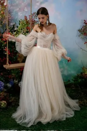bishop sleeve puff pleaded tulle ethereal bridal gown