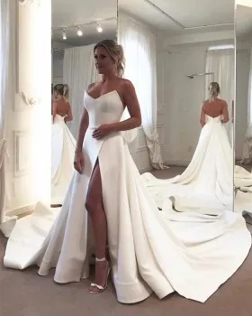modern a line high slit strapless satin wedding dress