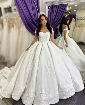 princess floral lace off shoulder wedding ball gown