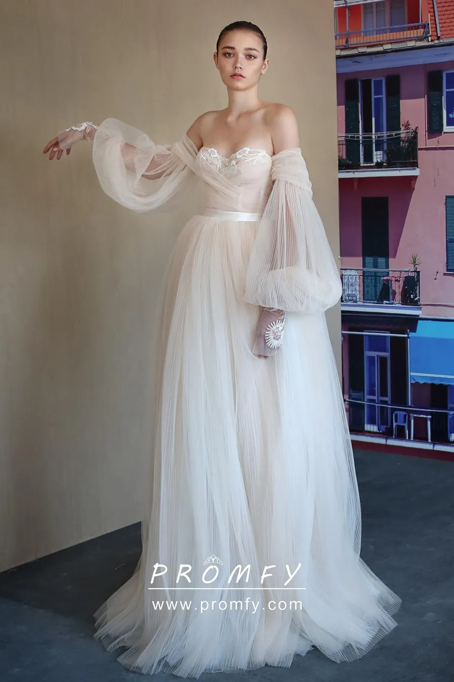 Flowy Pleated Blush Tulle Puff Sleeve Beach Bridal Dress Promfy