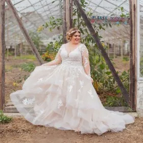 pretty ruffled tulle and lace plus size wedding dress