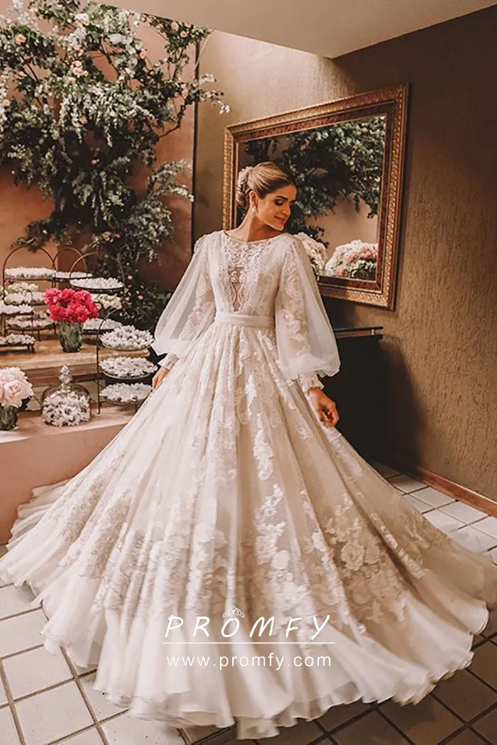 Puff Long Sleeve Floral Tulle Destination Wedding Dress Promfy
