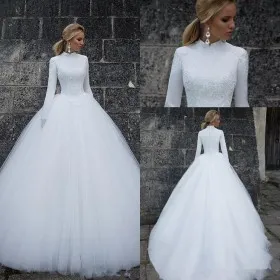 modest long sleeve high neck lace tulle wedding gown