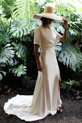 minimalist open back short sleeve long satin bridal gown