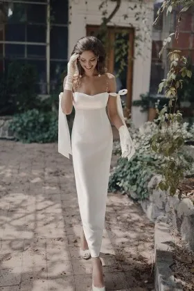 elegant pearled straps column ivory satin bridal shower dress