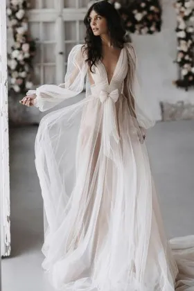 plunge neck puff sleeve ethereal tulle long bridal dress