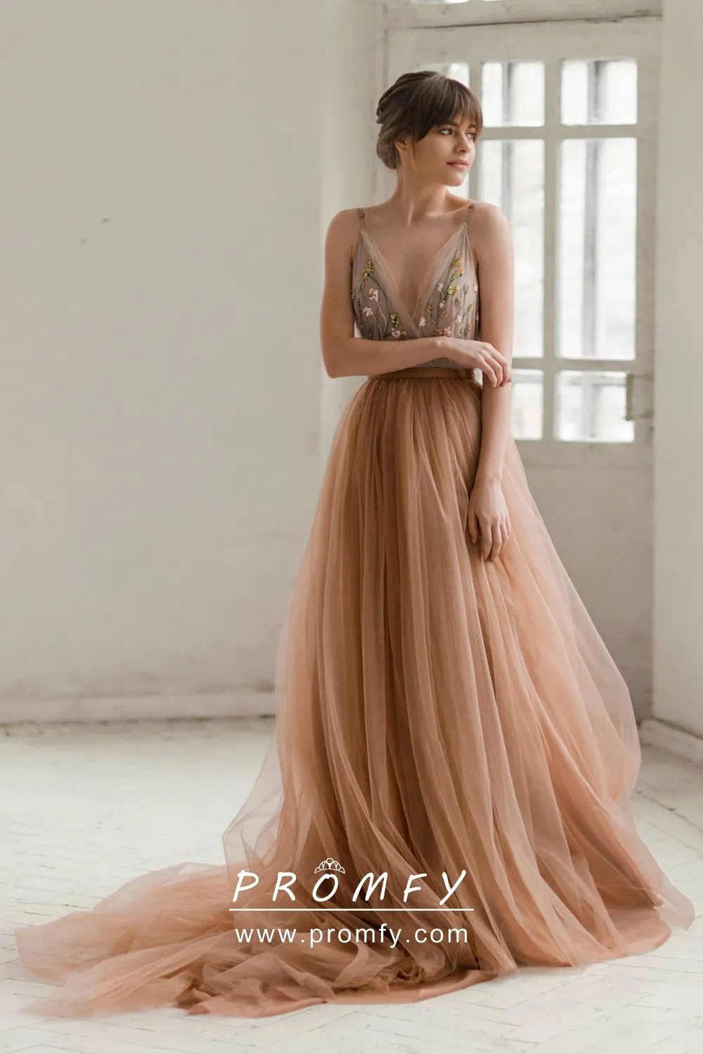 Dreamy Dusty Copper Embroidery Lace & Tulle Bridal Gown Promfy