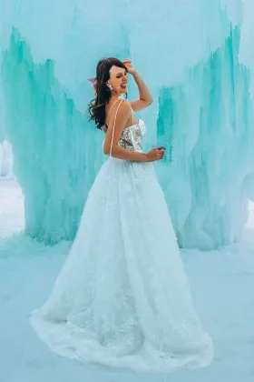 romantic floral lace straps corset a line wedding dress