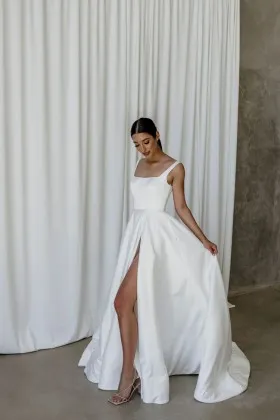 square neck a line split satin simple wedding dress