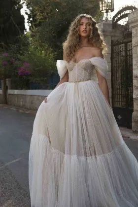 off shoulder strap dots tulle a line country bridal dress