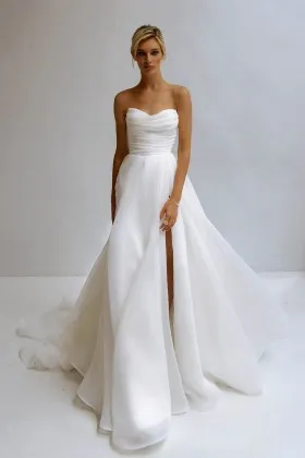 modern strapless a line high slit organza wedding dress