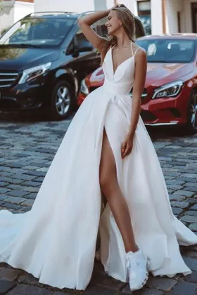 double straps v neck high split satin wedding dress