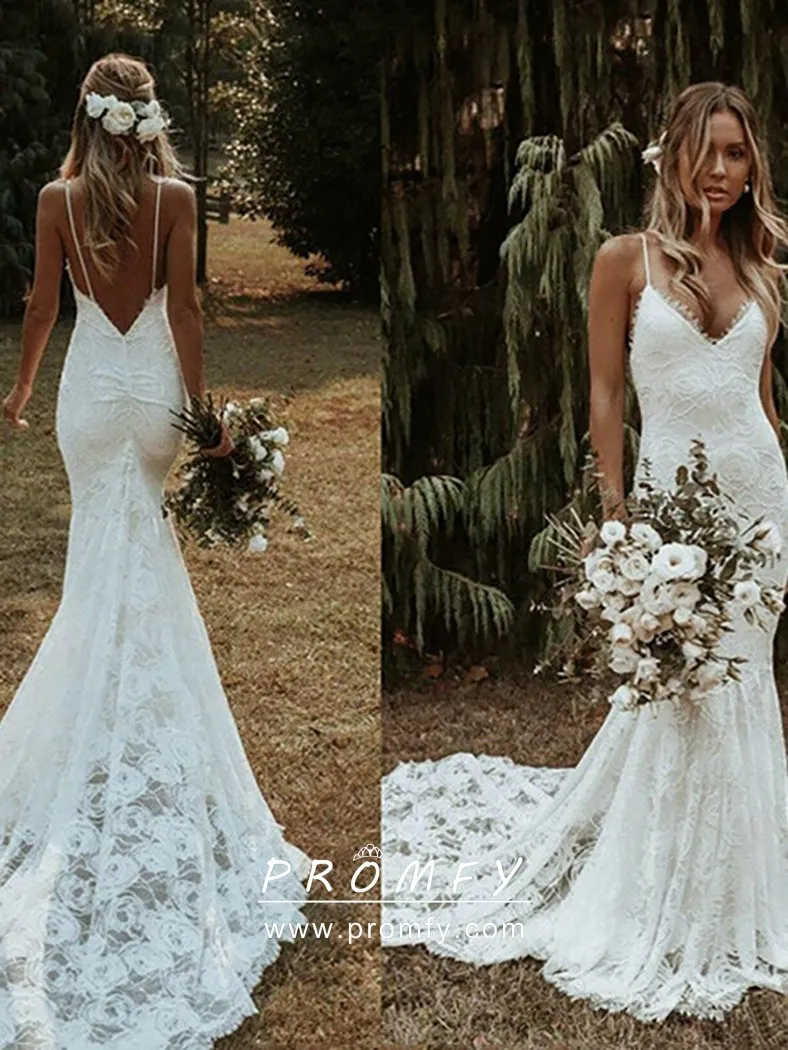 Spaghetti Straps V-neck Pleats Simple Mermaid Satin Wedding Dress TN366