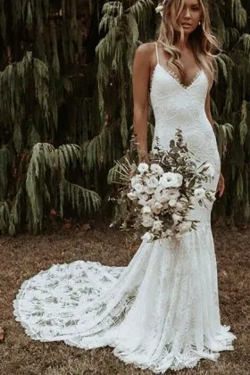 spaghetti straps v neck mermaid boho lace wedding dress