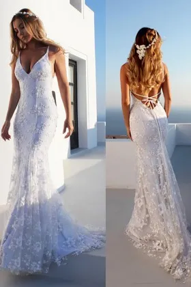 spaghetti strap backless lace mermaid beach bridal dress