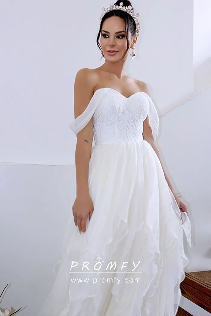 Pleated Sweetheart Neck Lace Ruffles Chiffon Dress White main image 1