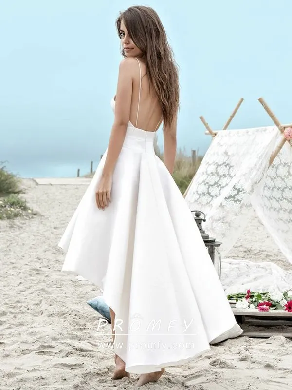 Thin Straps High-Low Satin Informal Beach Bridal Dress - Promfy