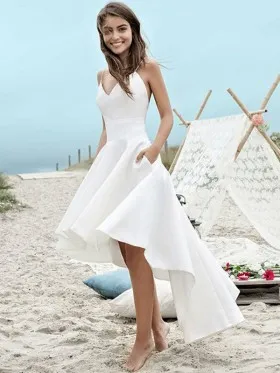 thin straps high low satin informal beach bridal dress