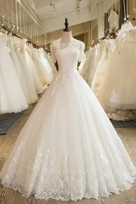 classic short sleeve lace tulle wedding ball gown