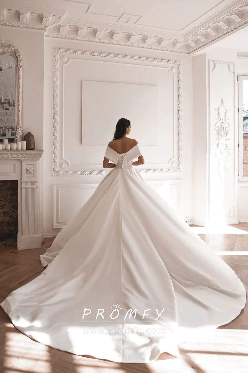 Elegant Off-shoulder Ivory Satin Princess Wedding Dress - Promfy