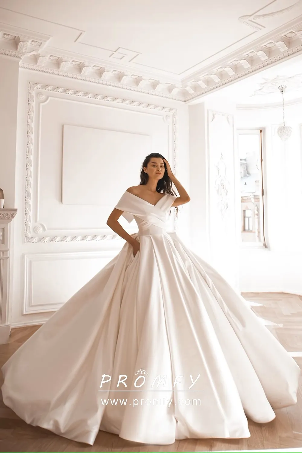 Elegant Off shoulder Ivory Satin Princess Wedding Dress Promfy Elegant Off shoulder Ivory Satin Princess Wedding Dress Promfy