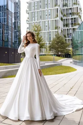 chic bateau neck long sleeved a line satin wedding dress