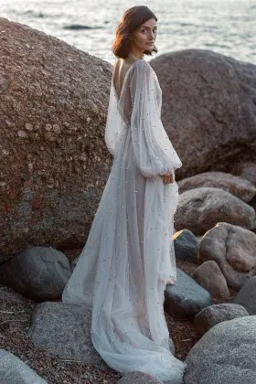 pearled tulle puff sleeve informal beach wedding dress