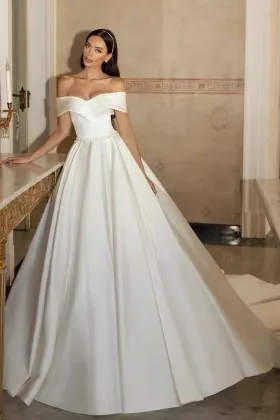 modern off shoulder ivory satin beaded wedding ball gown