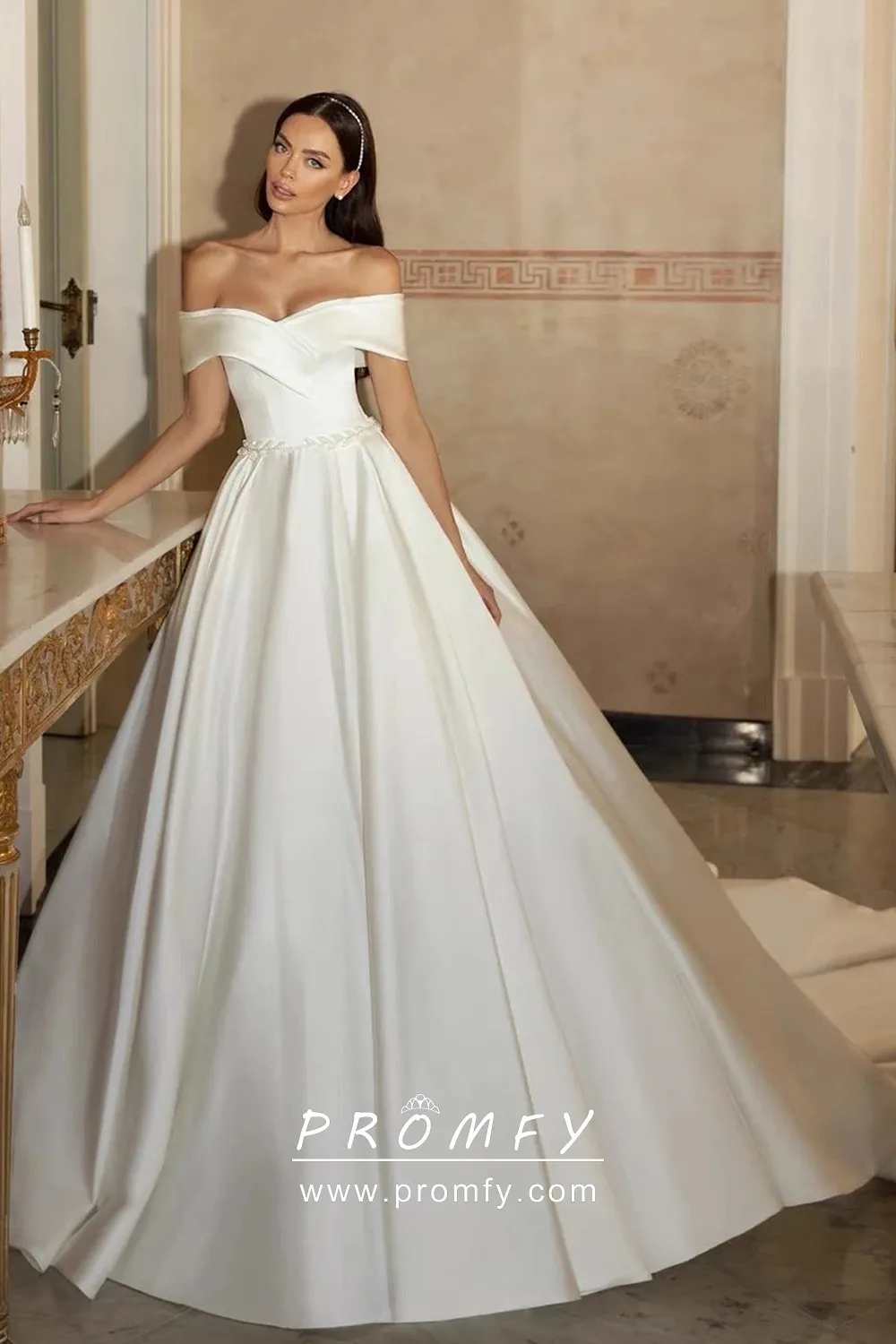 Modern Off-Shoulder Ivory Satin Beaded Wedding Ball Gown - Promfy