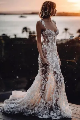 sexy sheer 3d floral lace mermaid wedding dress