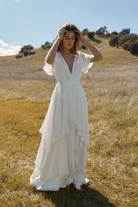glossy ruffled satin chiffon v neck bridal shower dress