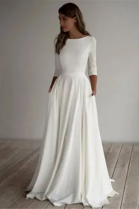 ivory satin 34 sleeve a line minimalist bridal dress