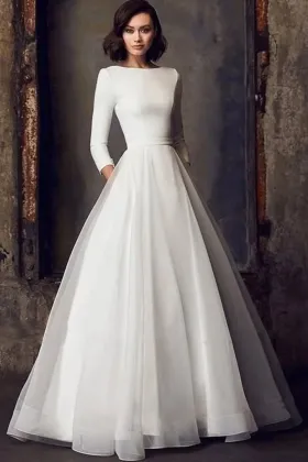 modern 34 sleeve ivory satin tulle a line bridal gown