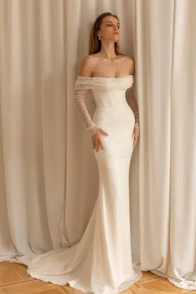 sparkling beading off the shoulder mermaid bridal dress