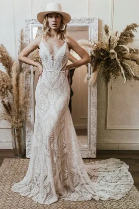 abstract lace spaghetti straps mermaid boho bridal dress