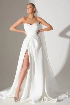 simple strapless pleated satin a line slit wedding gown