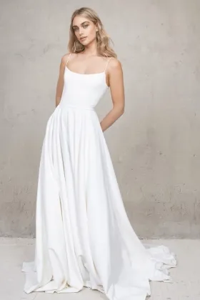 simple spaghetti straps satin A line low back wedding dress