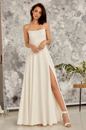 simple spaghetti straps satin slit bridal shower dress